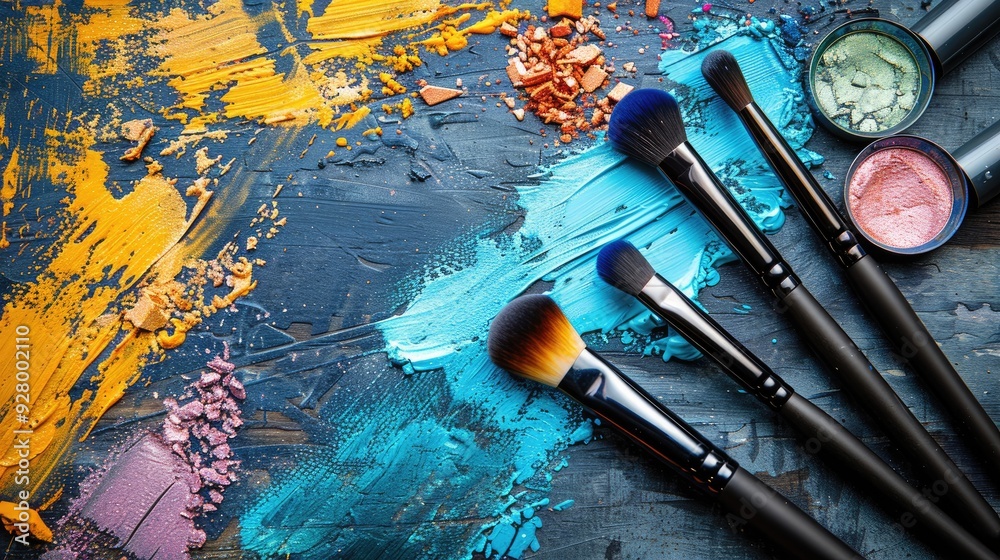 Fototapeta premium Vibrant eye shadow and cosmetic brushes with room for text seen from above