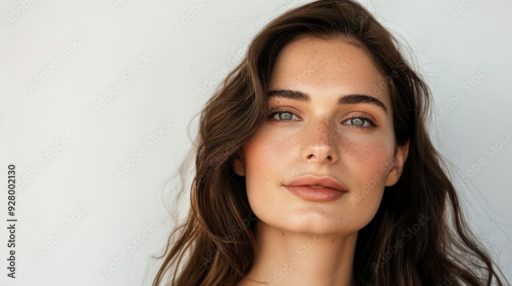 Beautiful young woman with long brown hair and blue eyes looking to the side on a white background in a fashion portrait concept Beautiful young woman with long brown hair and blue eyes looking to the side on a white background in a fashion portrait concept