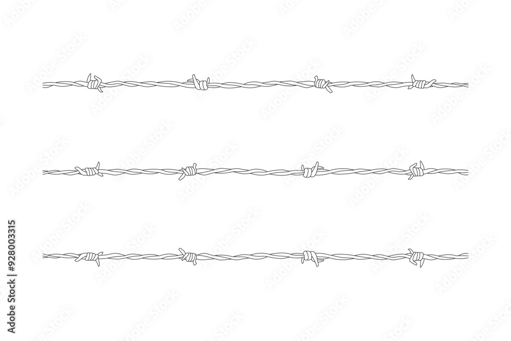 Barbed wire fence outline with 3 variations of barbed wire twists and spikes vector