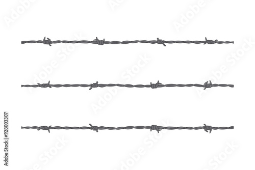 Barbed wire fence with 3 variations of barbed wire twists and spikes vector