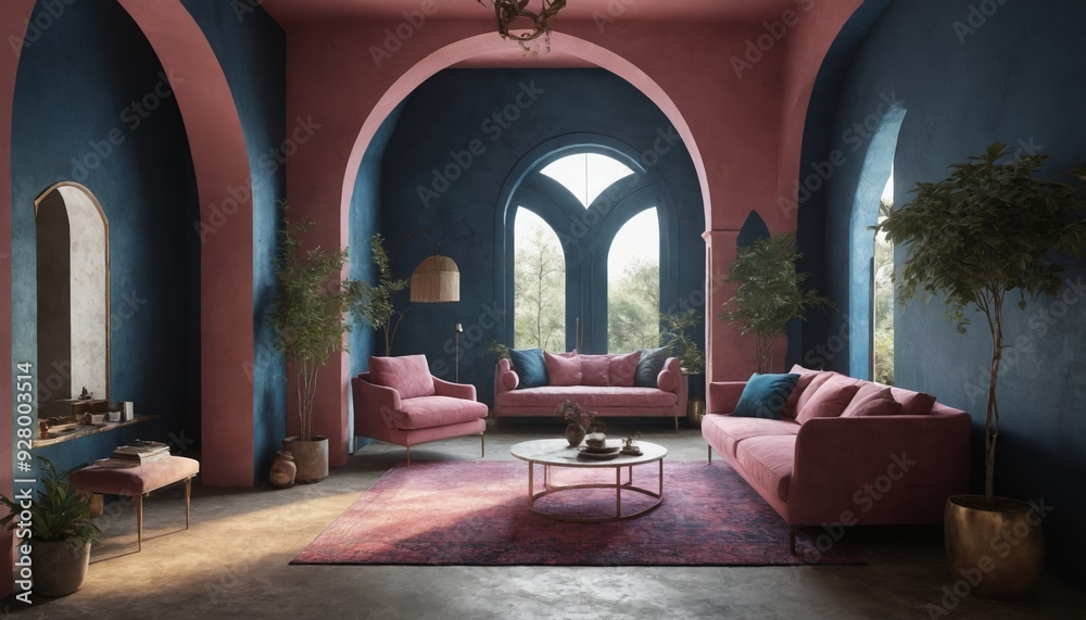 A serene evening in a blue and pink palace with arched windows A serene evening in a blue and pink palace with arched windows