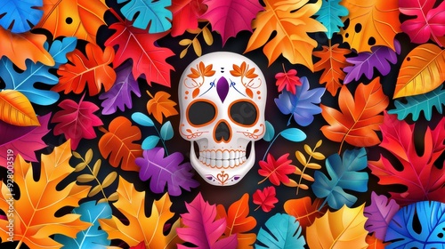 High-resolution vector of an abstract Halloween autumn background with a skull and eerie elements, vibrant colors and festive design 