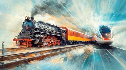 Evolution of Travel: Vintage Steam Locomotive Versus Sleek High-Speed Train - A Visual Comparison of Past and Present Transportation Technology.