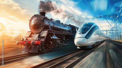 Evolution of Travel: Vintage Steam Locomotive Versus Sleek High-Speed Train - A Visual Comparison of Past and Present Transportation Technology.