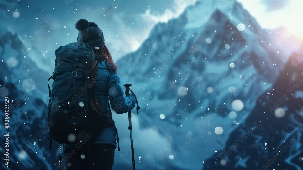 A woman stands on a mountain with a backpack and a pair of hiking poles. A woman stands on a mountain with a backpack and a pair of hiking poles.