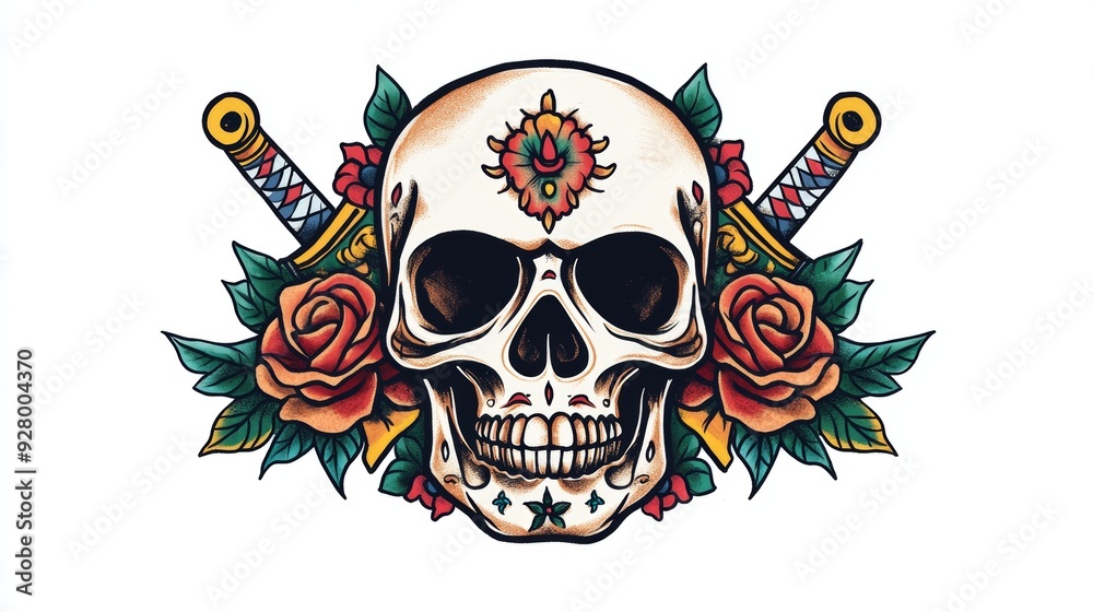 Fototapeta premium A decorative skull surrounded by roses and swords, symbolizing life and death.
