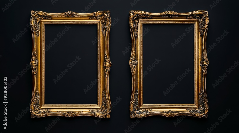 Two gold picture frames on black background Two gold picture frames on black background
