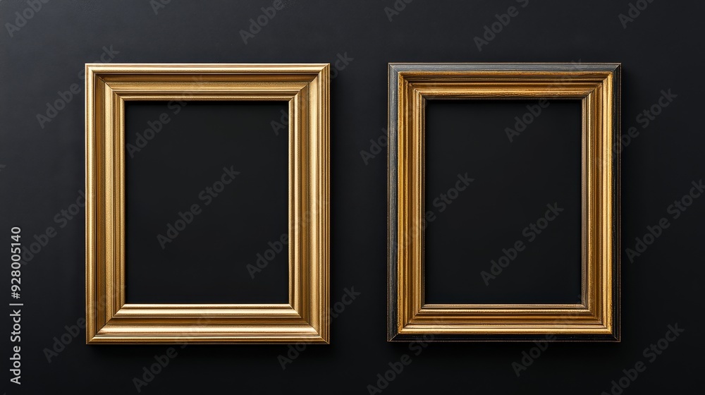 Two gold picture frames on black background Two gold picture frames on black background