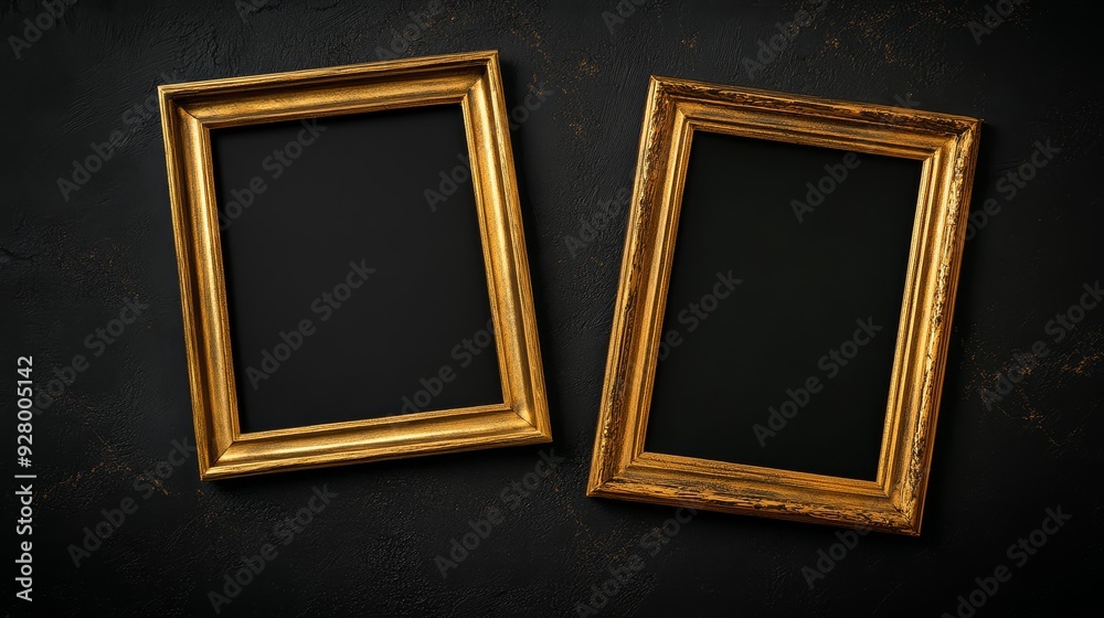 Two gold picture frames on black background Two gold picture frames on black background
