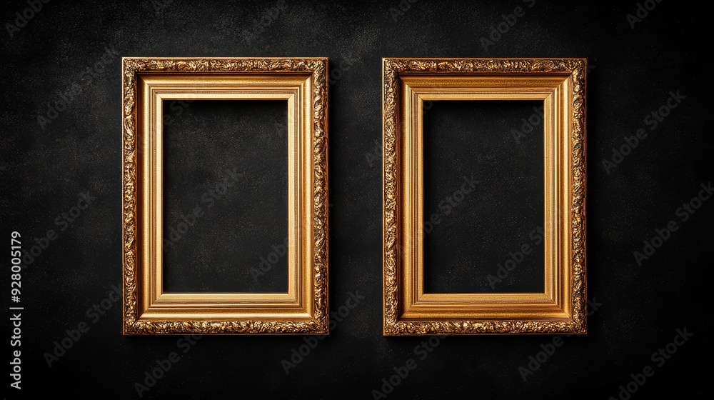 Fototapeta premium Two gold picture frames on black background