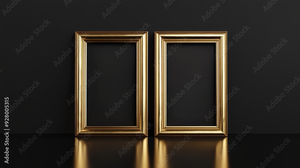 Two gold picture frames on black background Two gold picture frames on black background