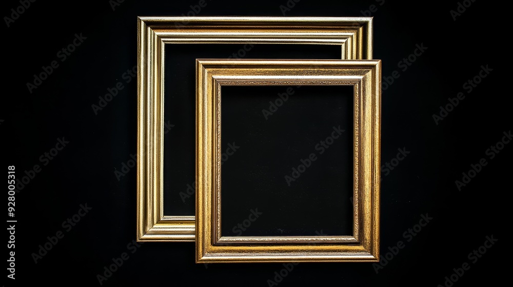 Two gold picture frames on black background Two gold picture frames on black background