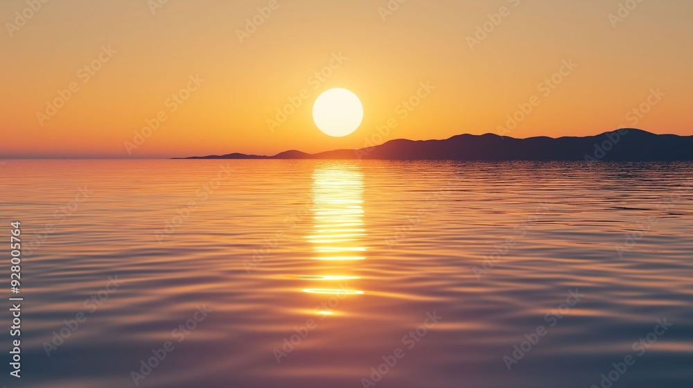 A serene sunset casts golden light over calm ocean waters with distant silhouetted mountains. A serene sunset casts golden light over calm ocean waters with distant silhouetted mountains.