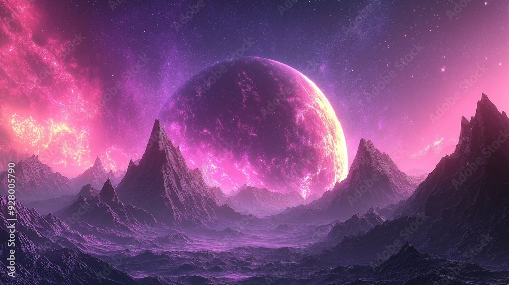 A surreal alien landscape featuring jagged peaks under a glowing purple planet and vibrant cosmic sky. A surreal alien landscape featuring jagged peaks under a glowing purple planet and vibrant cosmic sky.