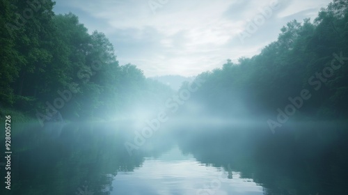 A peaceful misty lake surrounded by dense green forests, with soft reflections in the still water under a moody dawn sky.