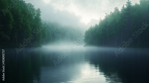 A peaceful misty lake surrounded by dense green forests, with soft reflections in the still water under a moody dawn sky.