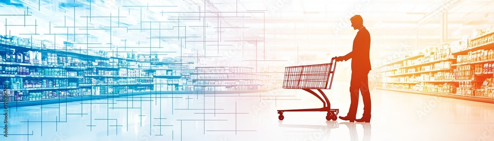 A silhouette of a person with a shopping cart in a modern grocery store, showcasing a vibrant shopping environment. A silhouette of a person with a shopping cart in a modern grocery store, showcasing a vibrant shopping environment.