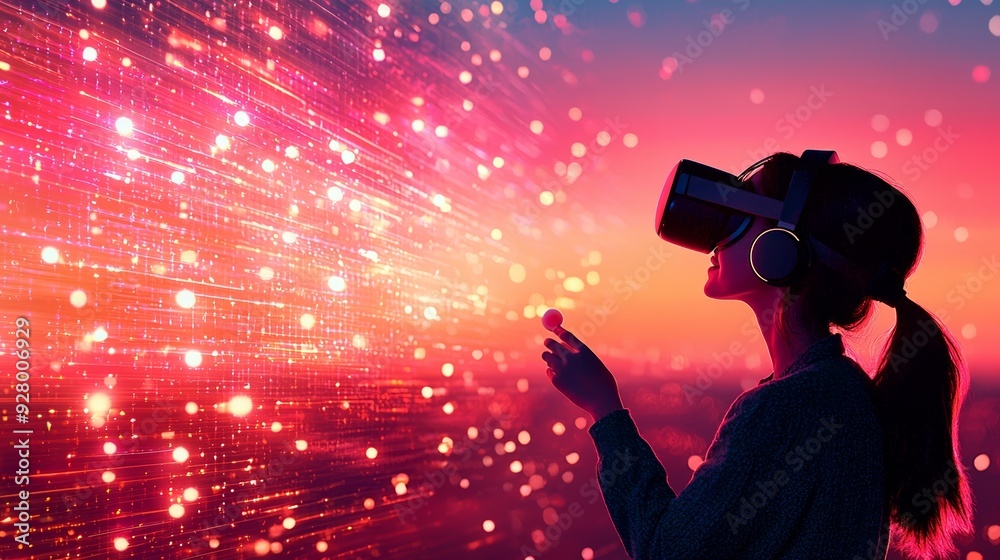 A silhouette of a woman enjoying a virtual reality experience against a vibrant, colorful background filled with digital sparks. A silhouette of a woman enjoying a virtual reality experience against a vibrant, colorful background filled with digital sparks.