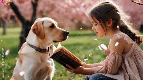 child and dog at park photo