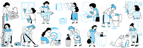 Cute character illustration doodles set in concept of household chores, housewife working. Cleaning, washing, feeding dog and cat. Outline, thin line art, linear, hand drawn sketch, simple design. 