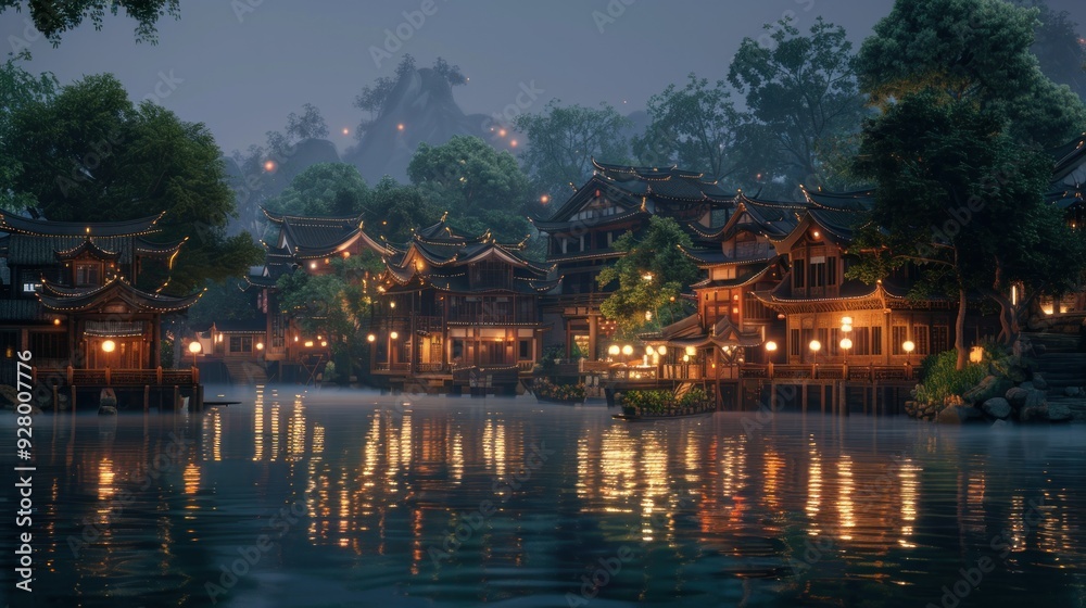 A luxury resort with a river flowing through lush greenery under a night sky with billowing clouds.