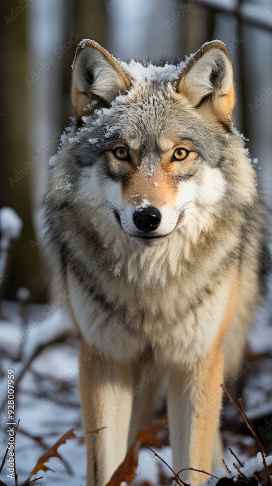 grey wolf setting on snow in the woods at winter with copyspace grey wolf setting on snow in the woods at winter with copyspace