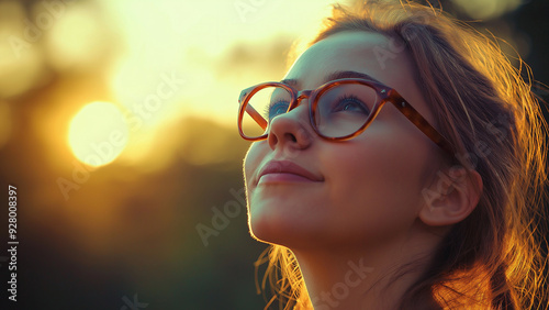 Sunset, smiling young woman with glasses