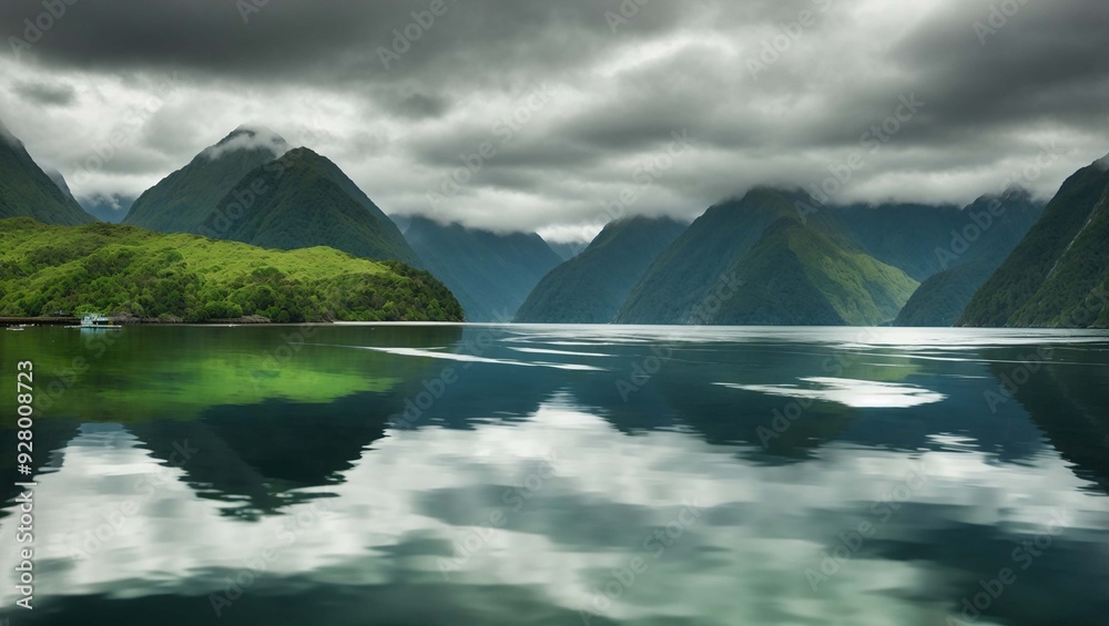 a calm lake with mountains