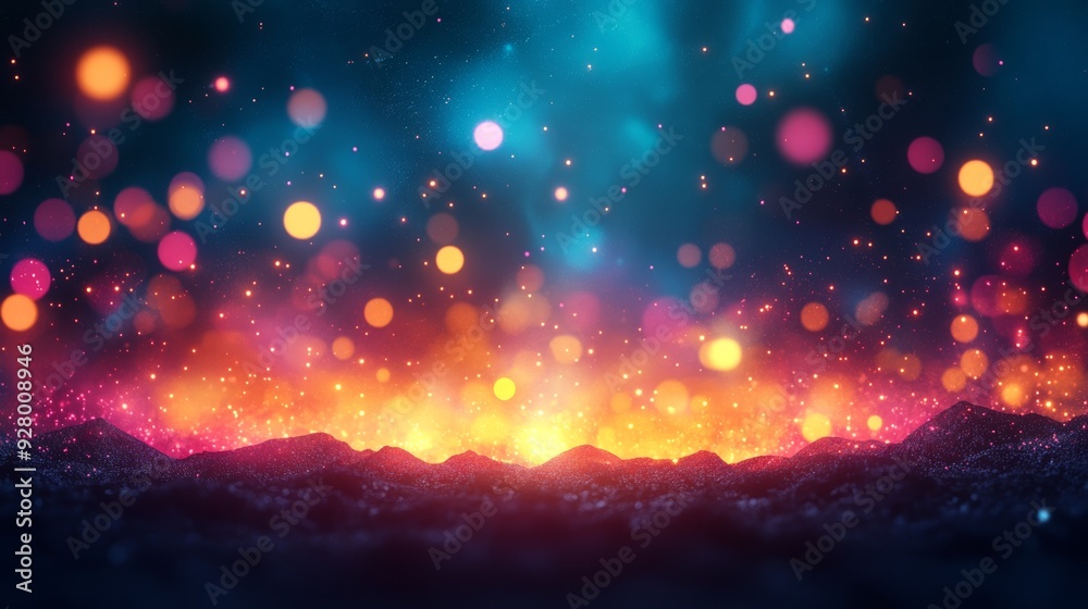 A vibrant, ethereal landscape filled with colorful bokeh lights and a fiery glow, creating a mystical atmosphere. A vibrant, ethereal landscape filled with colorful bokeh lights and a fiery glow, creating a mystical atmosphere.