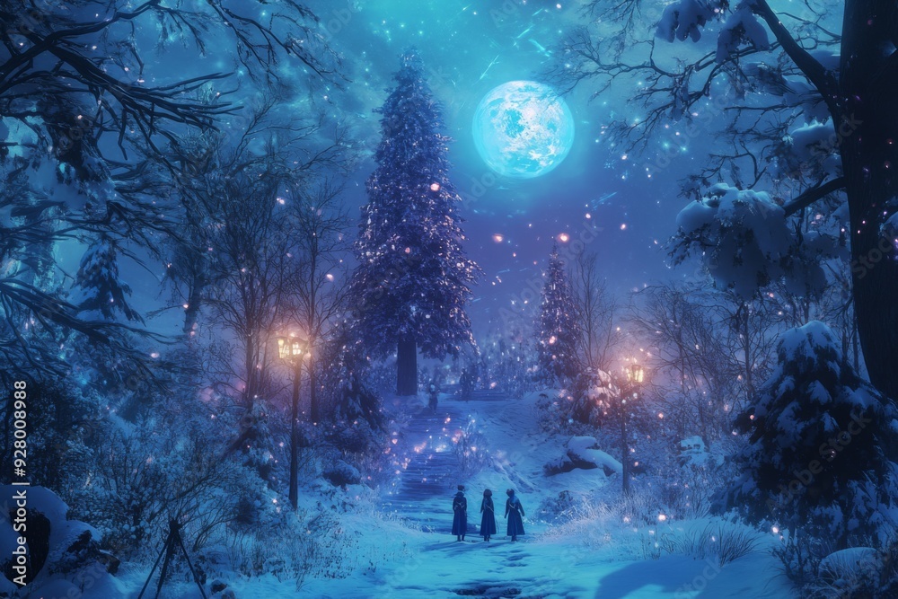 Obraz premium Midwinter's Enchanted Revelry: anime-style Forest Sprites' Gala on the Solstice Night for the Festive Season,Anime-Style,illustration,Picture BooksFor Poster,Novel,UI,WEB,Game,Design,Abstract,Christma