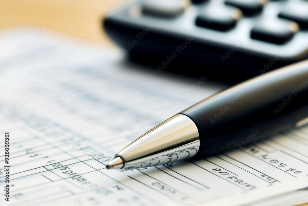 Close-up of Calculator and Pen on Financial Documents, Representing Financial Planning or Accounting with Suburban Lighting, Close-up of Calculator and Pen on Financial Documents, Representing Financial Planning or Accounting with Suburban Lighting,