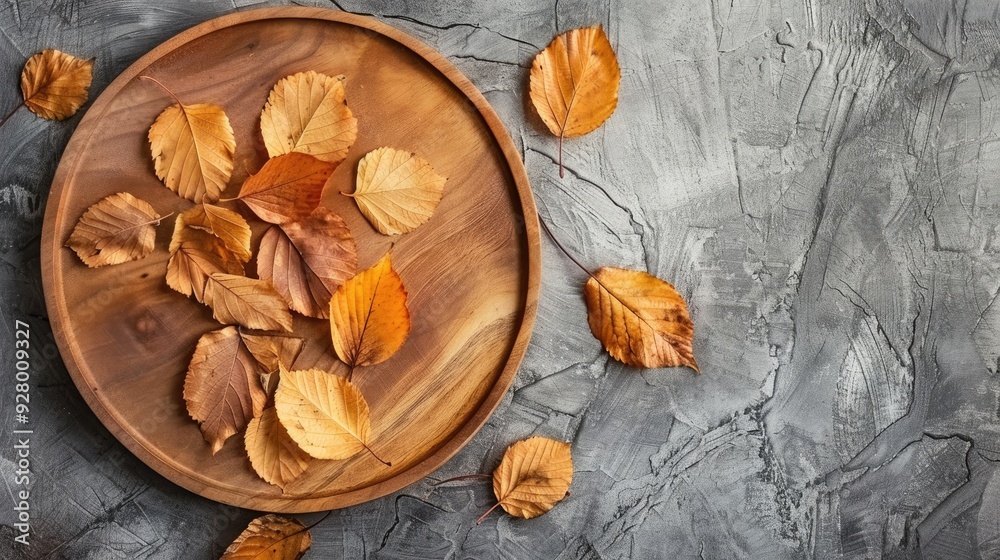 Decorative dried leaves on round wooden plate for food copy space Decorative dried leaves on round wooden plate for food copy space