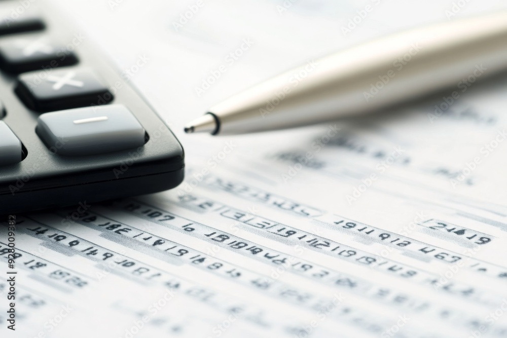 Close-up of Calculator and Pen on Financial Documents, Representing Financial Planning or Accounting with Suburban Lighting, Close-up of Calculator and Pen on Financial Documents, Representing Financial Planning or Accounting with Suburban Lighting,