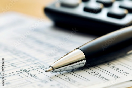 Close-up of Calculator and Pen on Financial Documents, Representing Financial Planning or Accounting with Suburban Lighting,