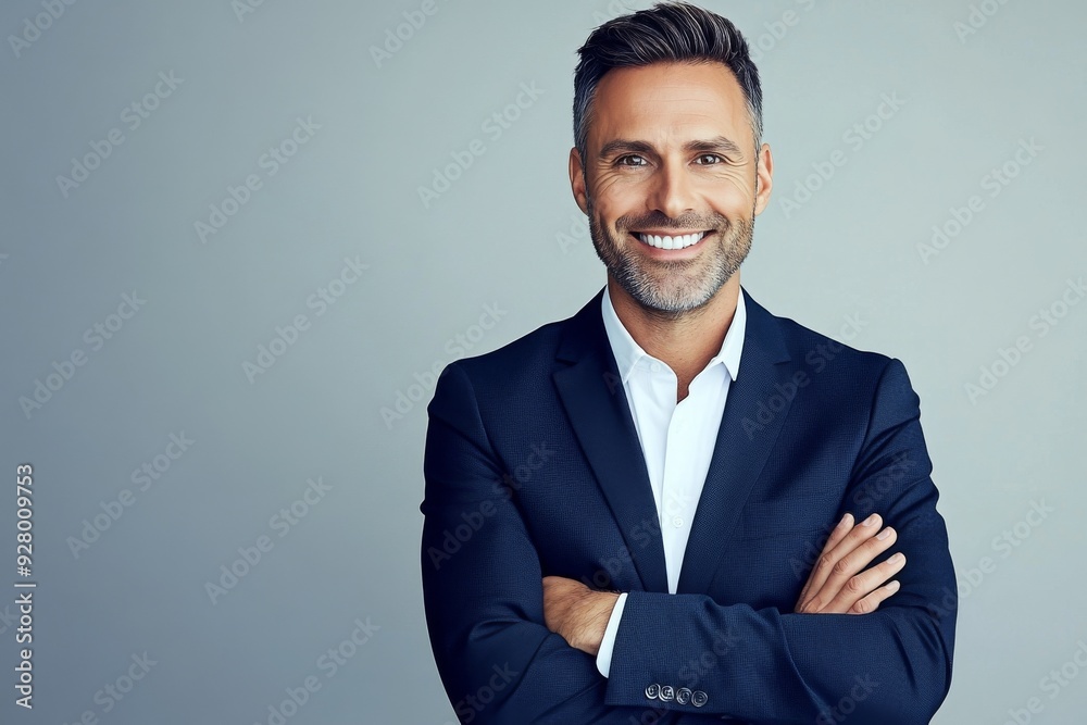 Confident Man in Business Attire with Arms Crossed, Smiling at Camera, Wearing Navy Suit and White Shirt, Studio Portrait with Light Grey Background