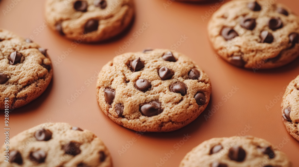 Homemade Chocolate Chip Cookies on Warm Brown Background Homemade Chocolate Chip Cookies on Warm Brown Background
