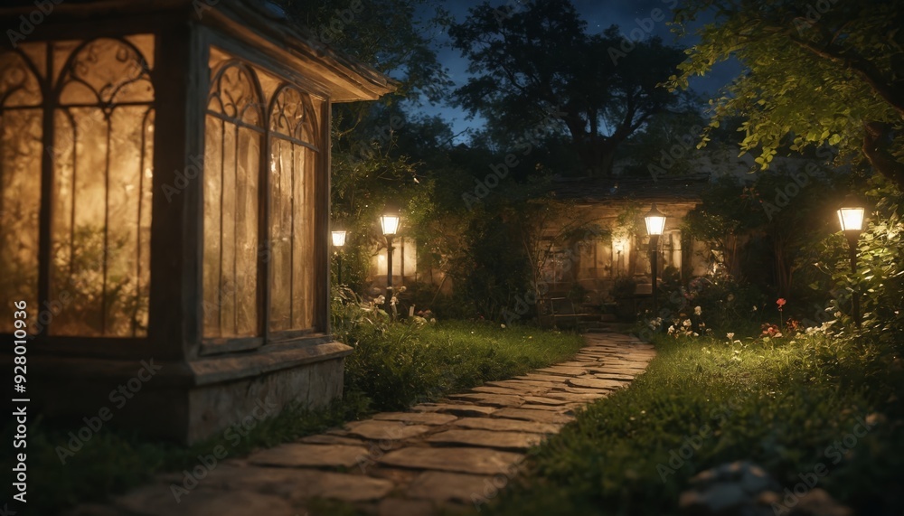 Obraz premium A cozy stone cottage glowing underneath a midnight moon