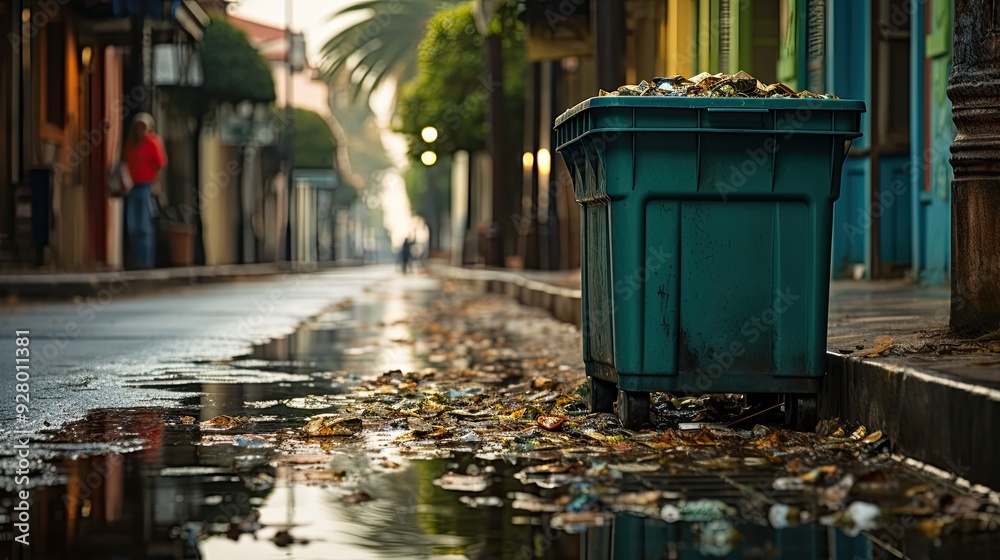 green plastic trashcan on street green plastic trashcan on street