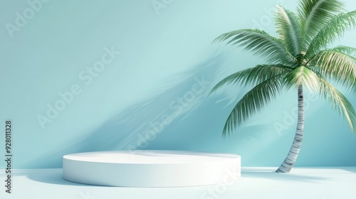 3D Render of White Podium Cylinder with Palm Tree on Summer.