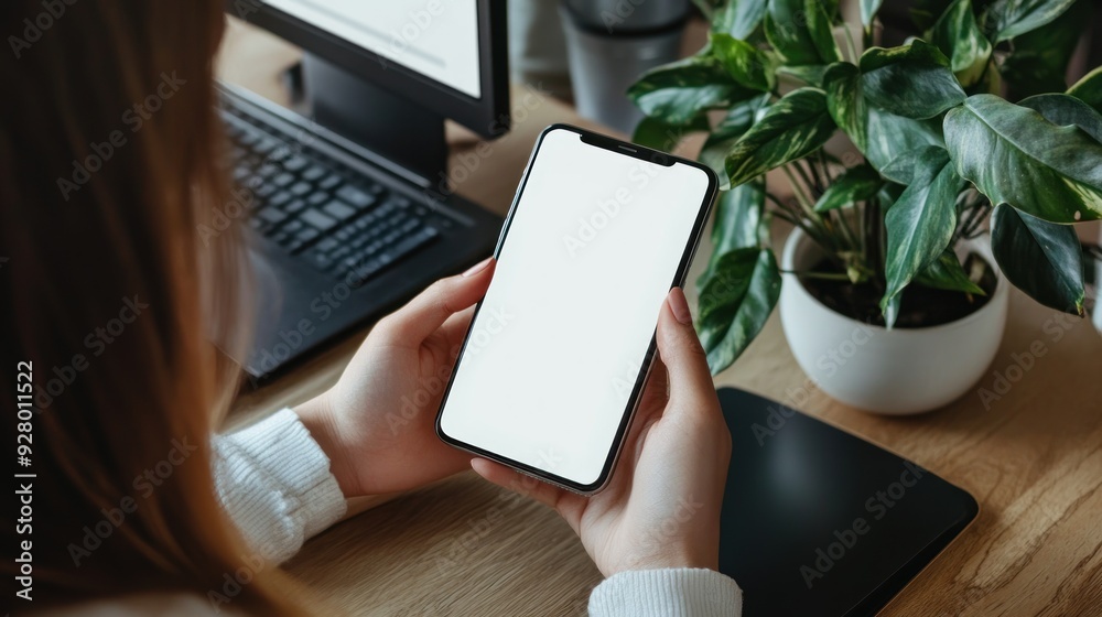 Portrait of a woman holding a mobile phone with a blank desktop white screen for mockup. Portrait of a woman holding a mobile phone with a blank desktop white screen for mockup.