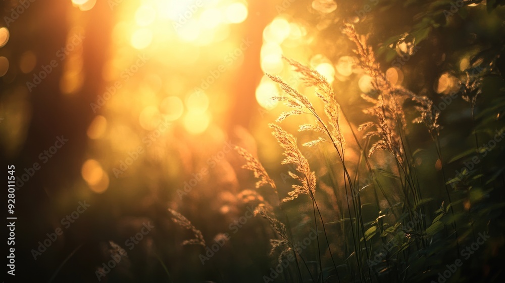 Fototapeta premium Forest Wild Grass at Sunset in Macro.