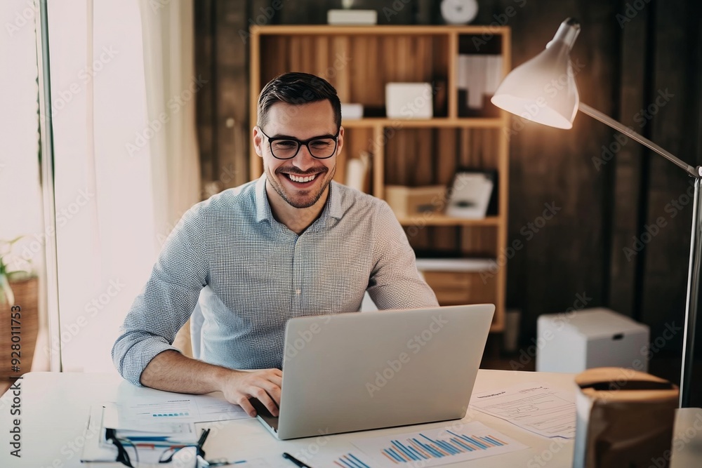 Smiling Man in Casual Attire Working on Office Laptop Surrounded by Charts and Graphs, Modern Decor with White Furniture and Wooden Shelves, Warm Light from Floor Lamp and Window View