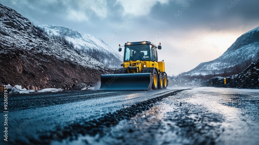 Road construction equipment is working on a section of road, creating noise and dust. Workers coordinate the process. Road construction equipment is working on a section of road, creating noise and dust. Workers coordinate the process.