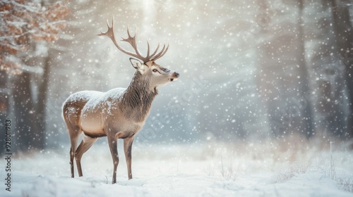 Majestic Male Deer in Winter Forest.