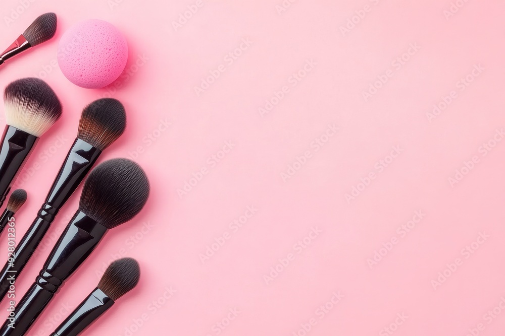 Makeup brushes and sponges used to apply makeup flat lay with space for words on pink background with generative ai Makeup brushes and sponges used to apply makeup flat lay with space for words on pink background with generative ai