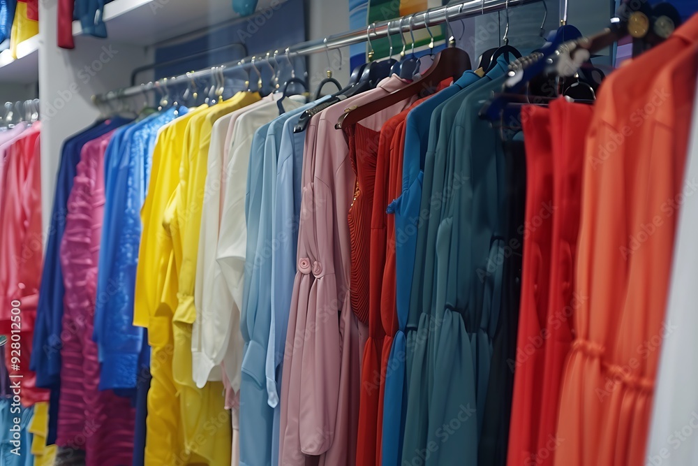 Fototapeta premium Clothes hanging on hangers, clothes shop.