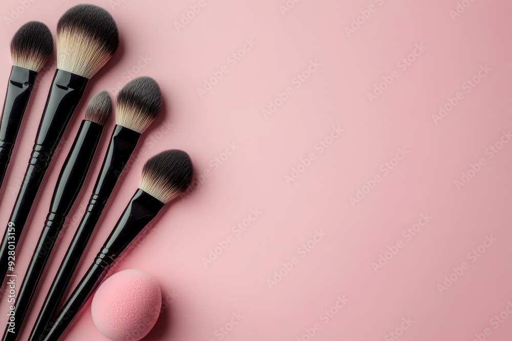 Makeup brushes and sponges used to apply makeup flat lay with space for words on pink background with generative ai Makeup brushes and sponges used to apply makeup flat lay with space for words on pink background with generative ai