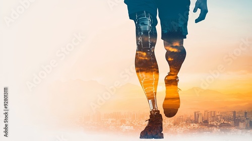 Inspiring silhouette of a runner with a prosthetic leg, blending nature and cityscape, symbolizing resilience and strength.