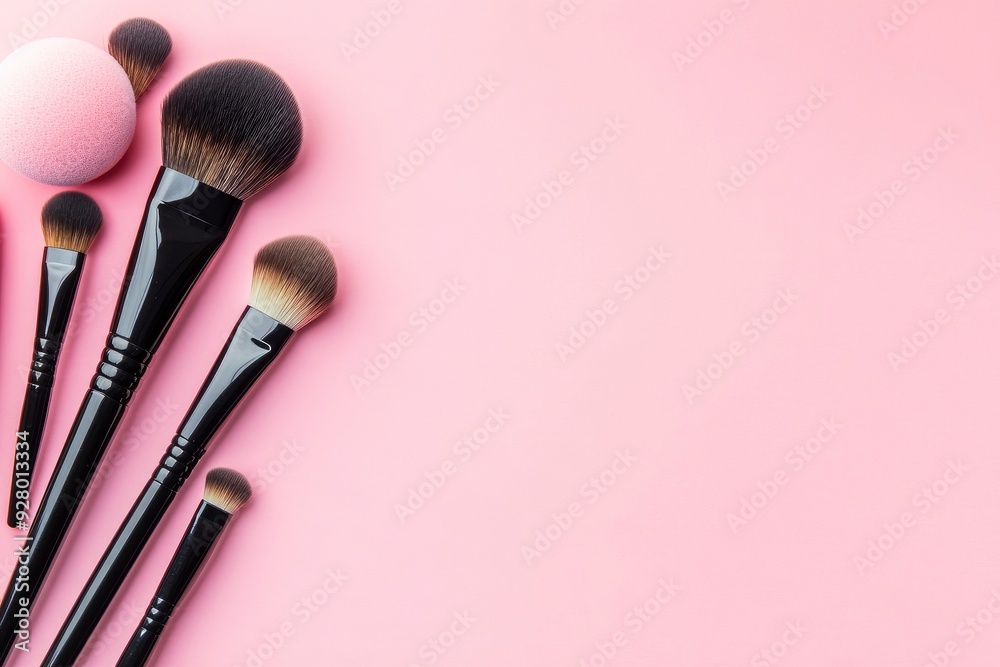 Makeup brushes and sponges used to apply makeup flat lay with space for words on pink background with generative ai Makeup brushes and sponges used to apply makeup flat lay with space for words on pink background with generative ai