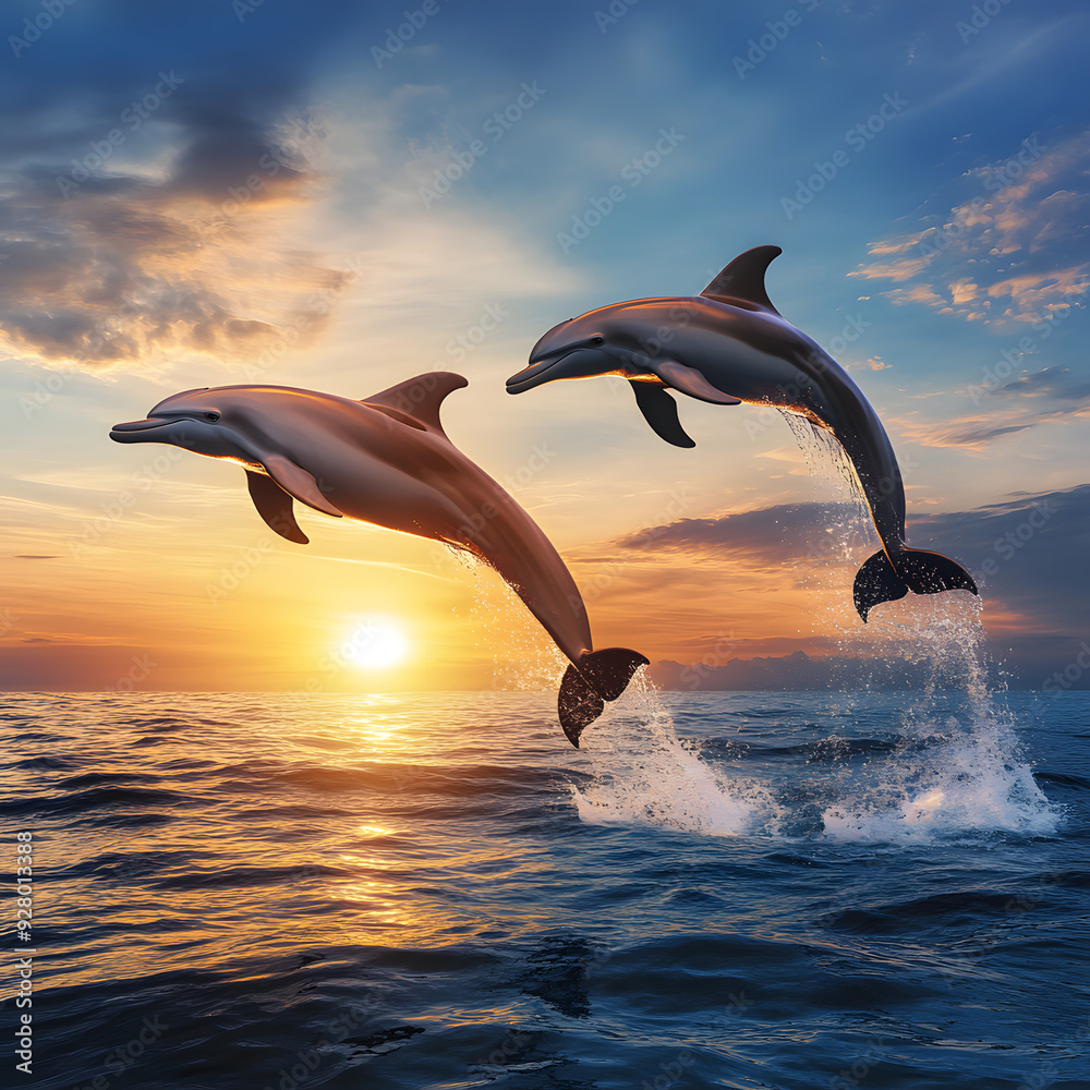 Fototapeta premium dolphins playing at sunset